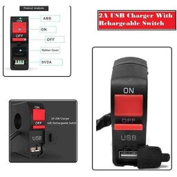 AOW 12V 7/8��� Motorcycle Handlebar Switch with ON/Off Button and USB Charging Port (2 Amp) T-22Suitable for All Bikes-18