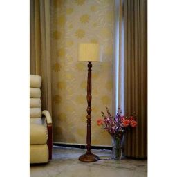 Tucasa Mango Wood Brown Floor Lamp with Off White Drum Polycotton Shade, WF-3-17