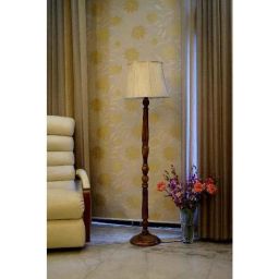 Tucasa Mango Wood Brown Floor Lamp with Off White Cylindrical Polycotton Shade, WF-15-7