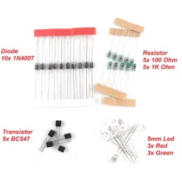 Combo Pack of 5x BC547 Transistor, 10x Diode, 5x 1K and 5x 100 ohm Resistor, 3x Red led, 3x Green led Electronic Components Electronic Hobby Kit-image-21