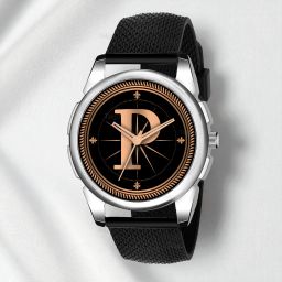 Fancy Design Stylish ALPHABET P Dial Black Leather Strap Men Wrist Watch Analog Watch - For Men ALPHABET P Design Letter P Style ALPHA-P-J16-SIL-BLK-SFR-image-100