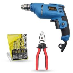 Hillgrove 500W 10mm Power Drill Machine with 9 Pcs Drill Bits &a; 8 inch Plier, HGCM1365-4