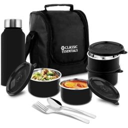Classic Essentials 5 Pcs 350ml Stainless Steel Black Lunch Box Set with Bag (Pack of 5)-11