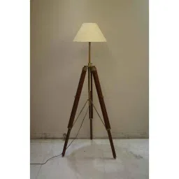 Tucasa Mango Wood Brown Tripod Floor Lamp with Polycotton Off White Shade, P-119-27