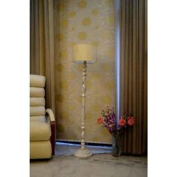 Tucasa Vintage White Mango Wood Floor Lamp with Off White Drum Polycotton Shade, WF-17-8