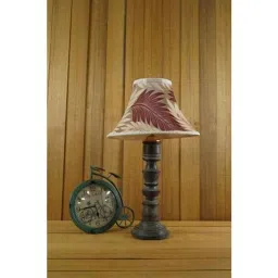 Tucasa Mango Wood Grey Table Lamp with 12 inch Polysilk Maroon Off White Shade, WL-158-9