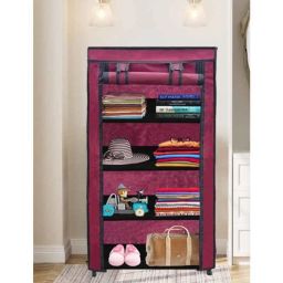 Glowsilk 4 Shelves Metal &a; Non-Woven Maroon Modular Collapsible Wardrobe-picture-38