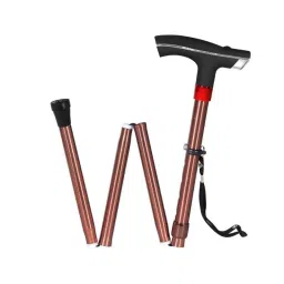 MCP Brown Smart Folding Height Adjustable Single Leg Walking Stick with LED Torch Light &a; SOS Alarm for Old People-2