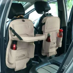 AllExtreme EXFTCOC2 2 Pcs Beige PU Leather Car Seat Back Multipocket Foldable Dining Table Tray Set-image-27