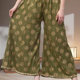 fambee Women Flared Dark Green Viscose Rayon Trousers-picture-30