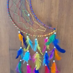 Multi Color Moon Natural Feathers with White Pearls Dream Catcher (8CM x 28CM) Feather Dream Catcher-image-8
