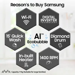 samsung 9 kg 5 Star, Eco Bubble Technology, AI Control , Wi-Fi Enabled , Digital Inverter Motor, Hygiene Steam, Fully Automatic Front Load with In-built Heater Black image 2