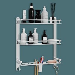 3 Layer Multipurpose Bathroom Shelf with Double Soap Dish and Tumbler Stainless Steel Toilet Paper Holder-image-86