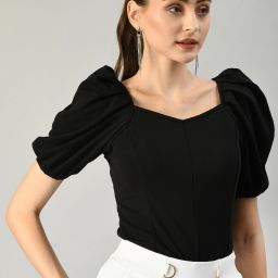 Casual Puff Sleeves Solid Women Black Top-image-47