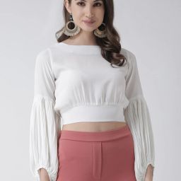 Casual Bishop Sleeve Solid Women White Top-image-3