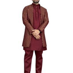 Men Dupion Silk Kurta Pyjama Ethnic Jacket Set-image-3