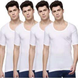 Pack of 4 Dollar Lehar Men Combed Cotton Round Neck With Sleeve Vest -Pack of 4- White Men Vest-image-32