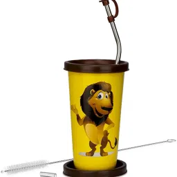 Lion Cartoon Print Steel Straw Glass, CN2, 370ml (CN2s_Yellow) Glass Water/Juice Glass-image-66
