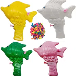 (4 Pichkari + 100 Water Balloon)Small Mono Fish Pichkari for Kids Holi Party Fun Water Gun-image-45