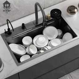 Kitchen Sink with Waterfall and Pull-down Faucet/304 Grade Stainless Steel Sink Vessel Sink-image-41