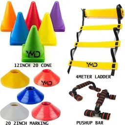 12 Inch Cones Pack 20, 20 Space Markers, 4 Meter Ladder Agility and Pushup Bar Football Kit-image-59