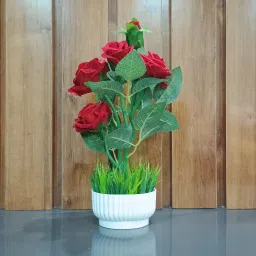 R5 ROSE RED, CUP POT GRAAS, For H, Office Decor Study Table & Bday Gift Flower Maroon, Red Rose Artificial Flower with Pot-26