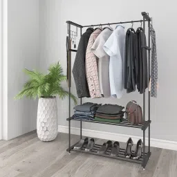Steel Floor Cloth Dryer Stand Coat Garment Rack with 2 Shelves-11