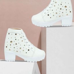 himquen Women Block Heel Boots Synthetic Leather heels with laser cut Boots For Women-picture-5