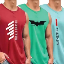 Pack of 3 Polyester Printed Gym Sandow/Vest for Unisex Men Vest-image-58