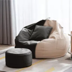 4XL Bean Bag with Footrest & Cushion Ready to Use with Beans ( Black::Cream-4XL) Bean Bag SofaWith Bean Filling-13