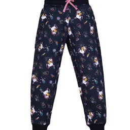 PLUM TREE Girls Navy Blue & White Unicorn Printed Pure Cotton Joggers-image-59
