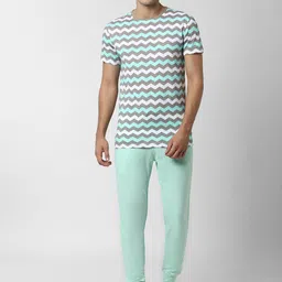 Peter England Men Sea Green Striped Cotton Night suit-picture-2