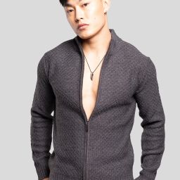 Men Self Design High Neck Grey Sweater-image-58