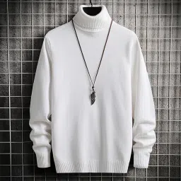 Men Solid High Neck White Sweater-image-43