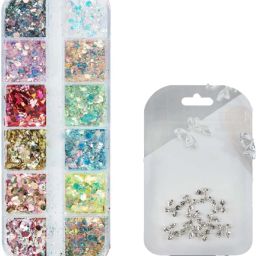 12 Grid Holographic Flakes and 10 pc Silver Bow Nail Art Set-image-75