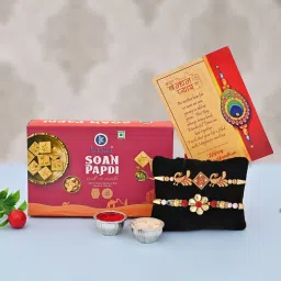 Soanpapdi Box with Peacock Flower Rakhi Set of 2 for Brother Combo Assorted Gift Box-15