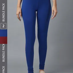 KEX Women Blue & Maroon Pack Of 2 Solid Churidar Length Cotton Leggings-image-47