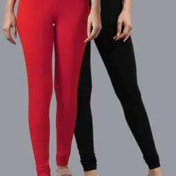 KEX Women Pack Of 2 Black And Red Solid Churidar-Length Cotton Leggings-33