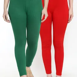 GRACIT Women Pack Of 2 Green & Red Solid Ankle-Length Leggings-image-118