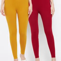 Clora Creation Women Pack Of 2 Maroon & Mustard Solid Ankle-Length Leggings-image-65