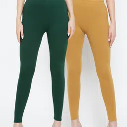 Clora Creation Women Pack Of 2 Green & Beige Solid Ankle-Length Leggings-image-52