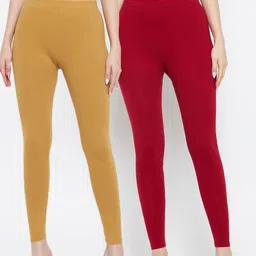 Clora Creation Women Pack Of 2 Maroon & Yellow Solid Ankle-Length Leggings-image-22
