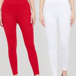 Clora Creation Women Red & Off-White Pack Of 2 Solid Ankle-Length Leggings-93