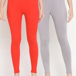 TAG 7 Women Pack Of 2 Orange & Grey Solid Comfort Fit Ankle-Length Leggings-image-80