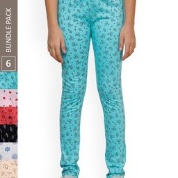 IndiWeaves Girls Pack Of 6 Printed Pure Cotton Churidar Length Leggings-image-6