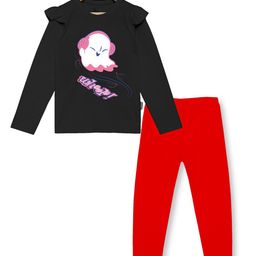 KiddoPanti Girls Black & Red Printed Pure Cotton T-shirt with Leggings-image-45