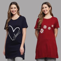 Pack of 2 Women Printed Round Neck Pure Cotton Multicolor T-Shirt-image-76