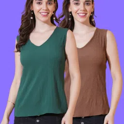 Casual Sleeveless Solid Women Green, Brown Top-image-73