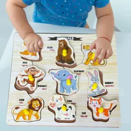 Wooden Animal Stacking Toy Animals Name Matching Board Learning Shape Toys-11