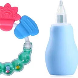 Silicone Blue Nasal Aspirator & Round Shape BPA Free Silicone Bell Teether Ring Manual Nasal Aspirator-image-1